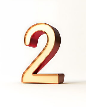 Minimal 3D number 2 with smooth matte surface in warm red and soft golden tones, featuring gentle reflections, clean lighting, and subtle shadows on a pure white background. Elegant nordic holiday.