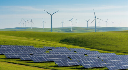Sustainable energy panorama featuring arrays of solar panels in the foreground and a vast wind farm generating clean electricity across rolling green hills under a clear blue sky