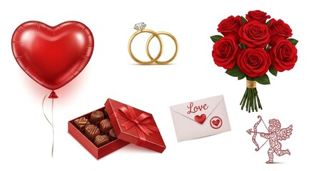A collection of romantic symbols including a heart-shaped balloon, wedding rings, a bouquet of red roses, a box of chocolates, a love letter, and a cupid figurine.