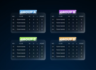 Glassmorphism football group classement table user interface. Modern ui panel with team ranking, points, and match results. Clean minimal futuristic design for soccer tournament and league standings