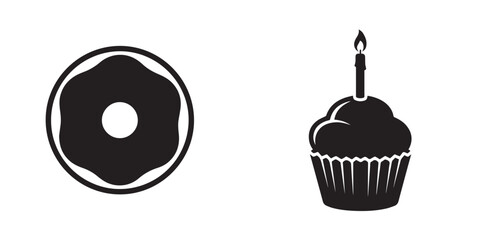 Black Silhouette Icons of Donut and Cupcake with Candle