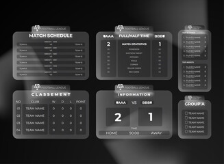 Dark glassmorphism football match user interface. Modern scoreboard panel with schedule, statistics, top scorer, and classement. Clean minimal futuristic template for soccer results