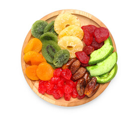 Wooden plate with different candied fruits on white background