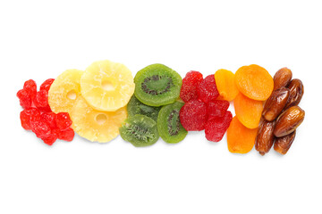Different candied fruits on white background
