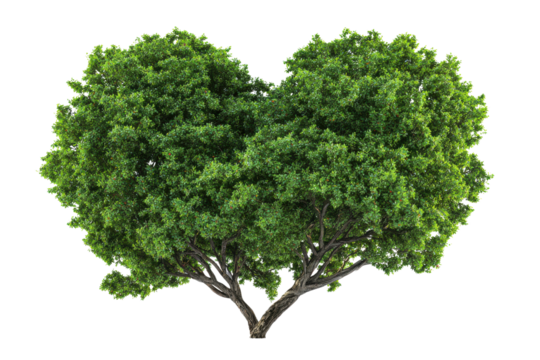 Lush green tree with heart shaped canopy and textured bark on black nature plant, Isolated On Transparent Background, Png Cut Out - Powered by Adobe