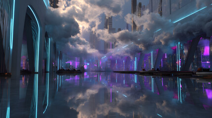 Surreal futuristic cityscape with neon lights reflecting on water and dramatic clouds