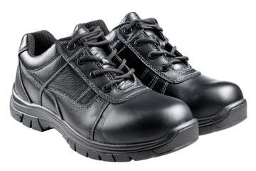Pair of black leather work boots with laces on black background shoes, Isolated On Transparent Background, Png Cut Out