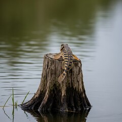 Tiger Salamander on a Tree Stump in a Pond.