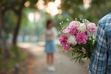 A handsome young man holds flowers behind his back for a beautiful girl. View from behind. A wonderful first date.
