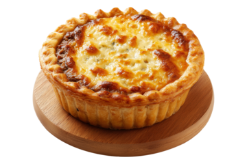 Mince and cheese pie with golden brown crust, mashed potato and melted cheese topping, isolated on white transparent background, concept of New Zealand fast food