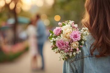 A handsome young man holds flowers behind his back for a beautiful girl. View from behind. A wonderful first date.