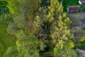 Bird's-eye view of kayak paddling down brown river flanked by forest trees in Mazury, Poland on a sunny summer day