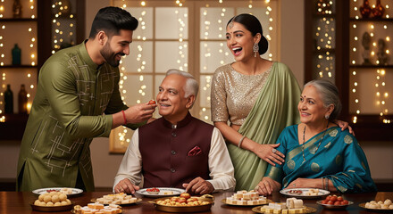 Indian Family Celebrating Festive Occasion with Sweets