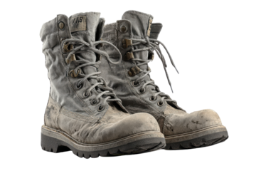 Pair of worn gray canvas combat boots with dirty toes and laces military footwear, Isolated On Transparent Background, Png Cut Out