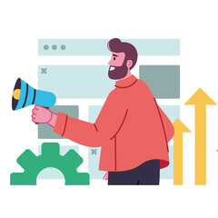Man Holding Megaphone Announcing Information with Upward Arrows and Gear Icon Against a Light Blue Background
