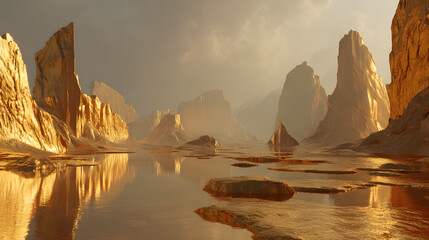 Surreal alien landscape with towering golden rock formations reflecting in still water under a hazy sky