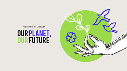 Trendy collage with sketch human hand and flower. Eco poster, climate awareness, green event promotion, social post, recycling services, education, eco tourism concept. Hand drawn vector illustration.