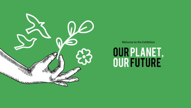 Art collage with sketch human hand and flower. Eco poster, climate awareness, green event promotion, social post, recycling services, education, eco tourism concept. Hand drawn vector illustration.