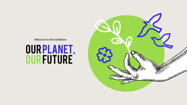 Trendy collage with sketch human hand and flower. Eco poster, climate awareness, green event promotion, social post, recycling services, education, eco tourism concept. Hand drawn vector illustration.