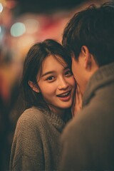 A young happy couple is in love and romantic on their first date. The Asian girl is surprised and smiles at the guy.