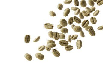 Unroasted green coffee beans with raw texture falling dynamically, motion blurred, on a transparent studio background with copy space, concept for beverage advertising