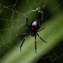 Black Widow Spider on Web - A Close-Up of Venomous Beauty.