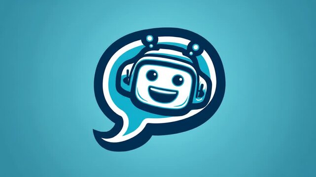 Animated cartoon robot head inside speech bubble against a blue background
