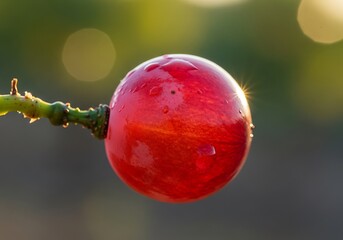 Close-up of a Vibrant Red Rosehip on a Branch.