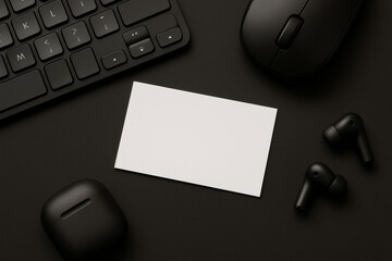 Blank white business card mockup surrounded by black tech gadgets on dark background, ideal for branding and product design presentations. Ai generative. Ai generative