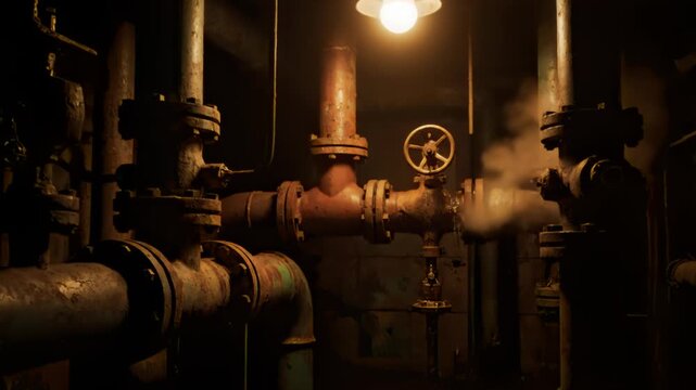 Rusty Pipes System With Valve and Steam, Dark Industrial Setting