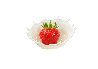 Vibrant red strawberry with green calyx plunges into creamy white liquid, crown splash, transparent studio background with copy space. Concept for refreshing product advertising