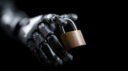 A detailed robotic hand securely holds a brass padlock symbolizing digital protection and advanced technology