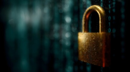 A close up of a shiny golden padlock against a dark digitally rendered background with binary code representing security