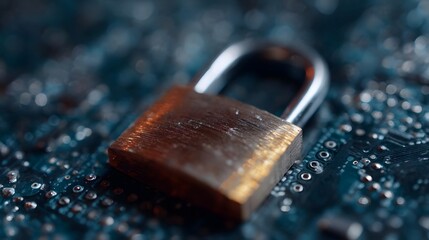 A metallic padlock rests on a detailed electronic circuit board symbolizing digital security and data protection