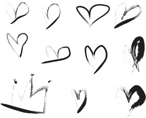 Hand Drawn Brush Stroke Hearts and Crown | Sketchy Vector Elements for Valentine's Day Designs, Love Graphics and Decorative Art