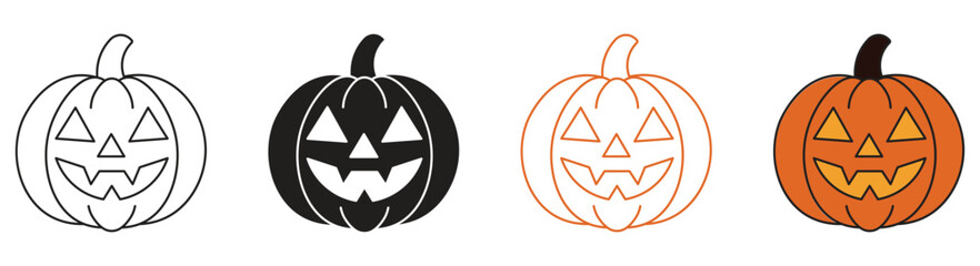 Halloween pumpkin icon set ,bright orange jack-o'-lantern icons perfect for Halloween designs. Vector illustration .