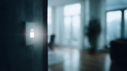 A glowing padlock icon illuminates a modern smart home security interface panel mounted on a dark wall symbolizing digital protection