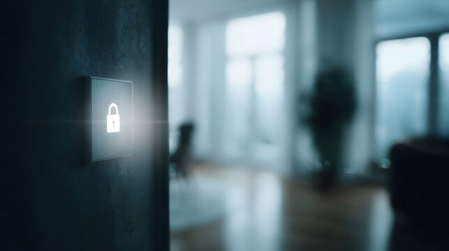 A glowing padlock icon illuminates a modern smart home security interface panel mounted on a dark wall symbolizing digital protection