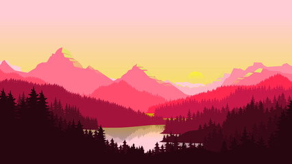 Pink Mountain Landscape with Soft Pastel Sky and Sunrise Light