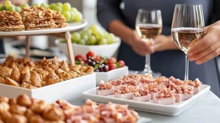 Elegant Catering Buffet with Wine, Appetizers, and Desserts at a Social Gathering or Event