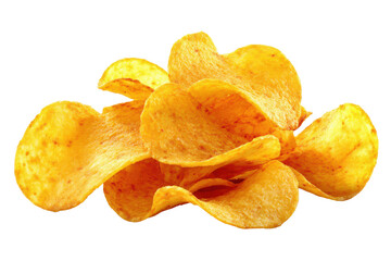 Pile of golden potato crisps with red seasoning against black background chips snack, Isolated On Transparent Background, Png Cut Out