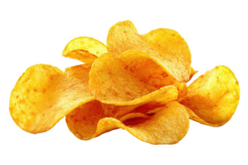 Pile of golden potato crisps with red seasoning against black background chips snack, Isolated On Transparent Background, Png Cut Out