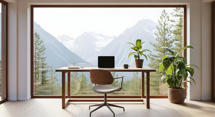 Fototapeta premium A modern office space with a large window overlooking a scenic mountain landscape.