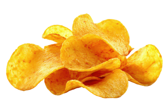 Pile of golden potato crisps with red seasoning against black background chips snack, Isolated On Transparent Background, Png Cut Out