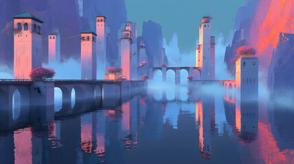 Surreal futuristic city with glowing towers reflected in calm water under a vibrant sky