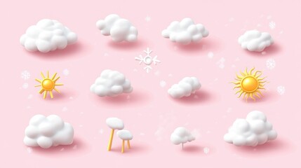 Cute weather icons. Fluffy clouds, sun, snowflake