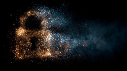 An abstract digital lock symbol dissolves into glowing particles representing data security and cybersecurity concepts against a dark background