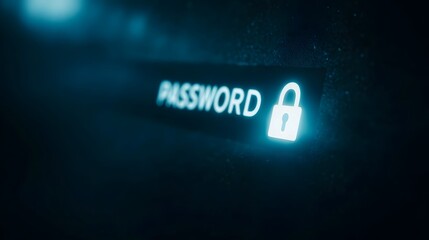 A glowing blue PASSWORD text and padlock icon on a dark digital screen represent online security and access