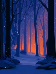 Fantasy forest with glowing trees and snowflakes, decorative flat art, ethereal atmosphere, New Year magic theme,  winter greeting card