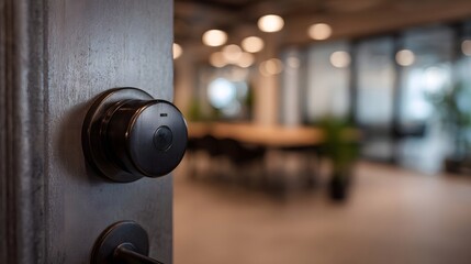 Obraz premium A modern smart lock on an office door opening to a blurred contemporary workspace with soft lighting